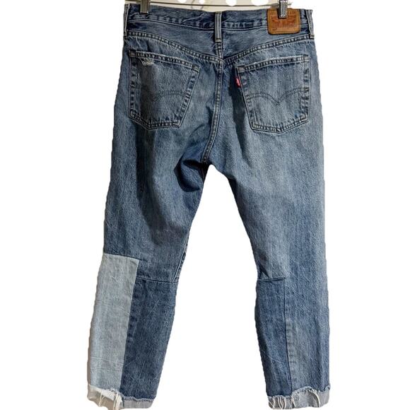 Levi's 501 Straight Leg Button Fly Jeans Patchwork Raw Hem 28x27 Ragged Lands - Picture 4 of 7